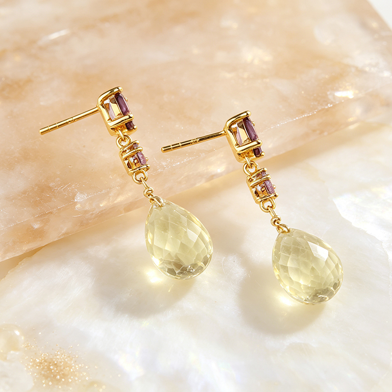 Gold Plated 925 Sterling Silver Long Drop Earrings Amethyst & Citrine