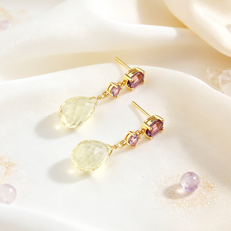 Gold Plated 925 Sterling Silver Long Drop Earrings Amethyst & Citrine