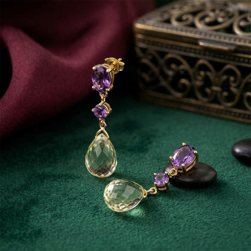 Gold Plated 925 Sterling Silver Long Drop Earrings Amethyst & Citrine