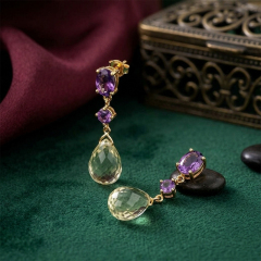 Gold Plated 925 Sterling Silver Long Drop Earrings Amethyst & Citrine