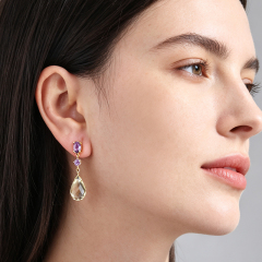 Gold Plated 925 Sterling Silver Long Drop Earrings Amethyst & Citrine