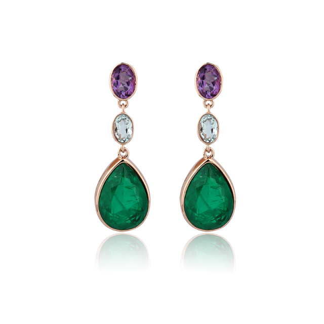 Rose Gold Plated 925 Sterling Silver Drop Earrings Amethyst Sky Blue Topaz Synthetic Emerald