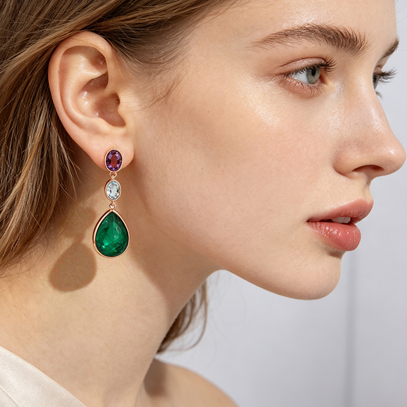 Rose Gold Plated 925 Sterling Silver Drop Earrings Amethyst Sky Blue Topaz Synthetic Emerald