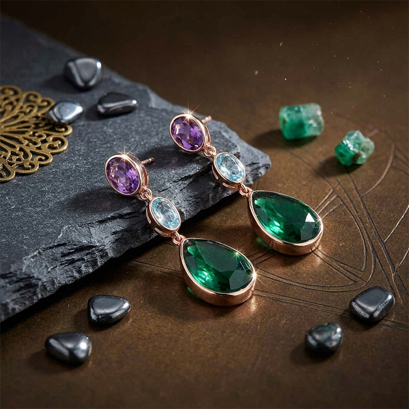 Rose Gold Plated 925 Sterling Silver Drop Earrings Amethyst Sky Blue Topaz Synthetic Emerald