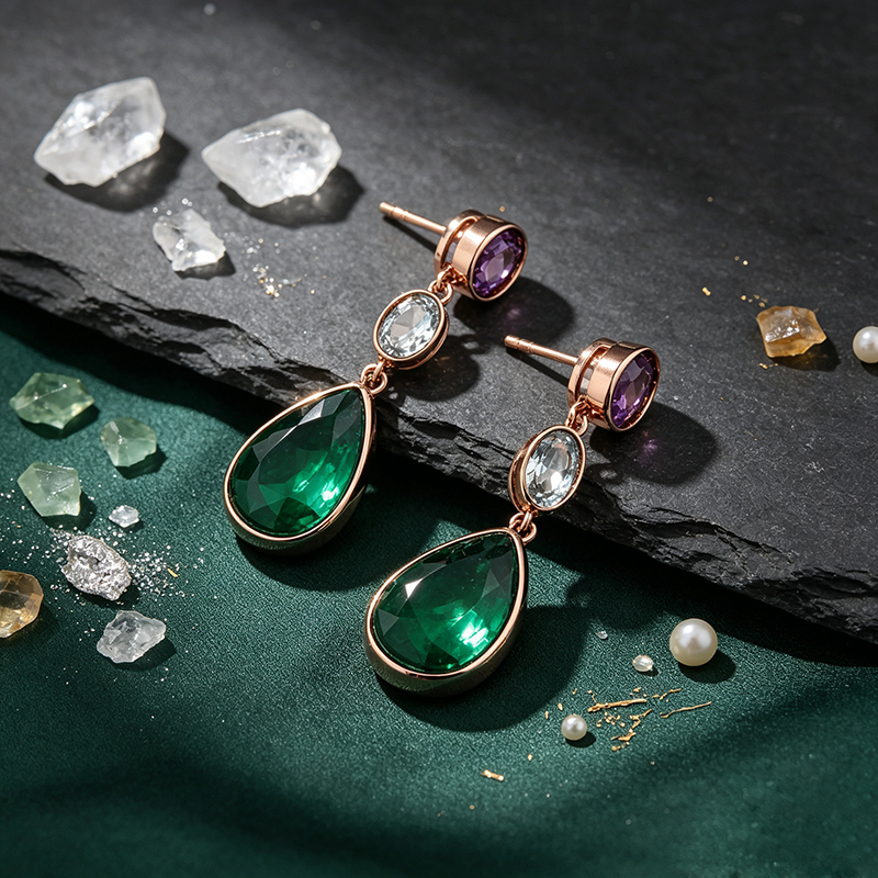 Rose Gold Plated 925 Sterling Silver Drop Earrings Amethyst Sky Blue Topaz Synthetic Emerald