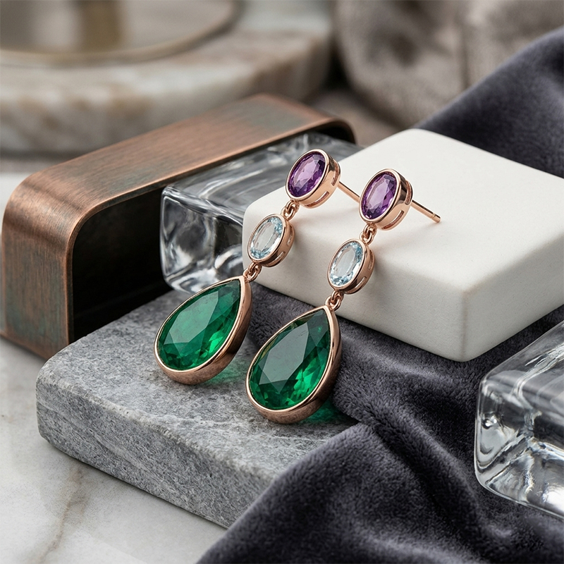 Rose Gold Plated 925 Sterling Silver Drop Earrings Amethyst Sky Blue Topaz Synthetic Emerald