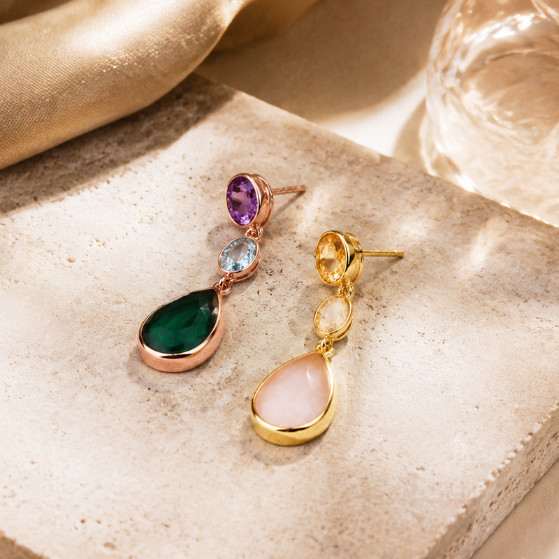 Rose Gold Plated 925 Sterling Silver Drop Earrings Amethyst Sky Blue Topaz Synthetic Emerald