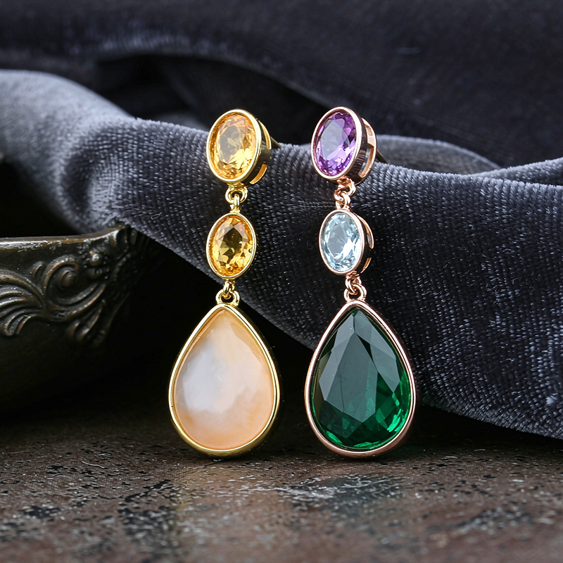 Rose Gold Plated 925 Sterling Silver Drop Earrings Amethyst Sky Blue Topaz Synthetic Emerald