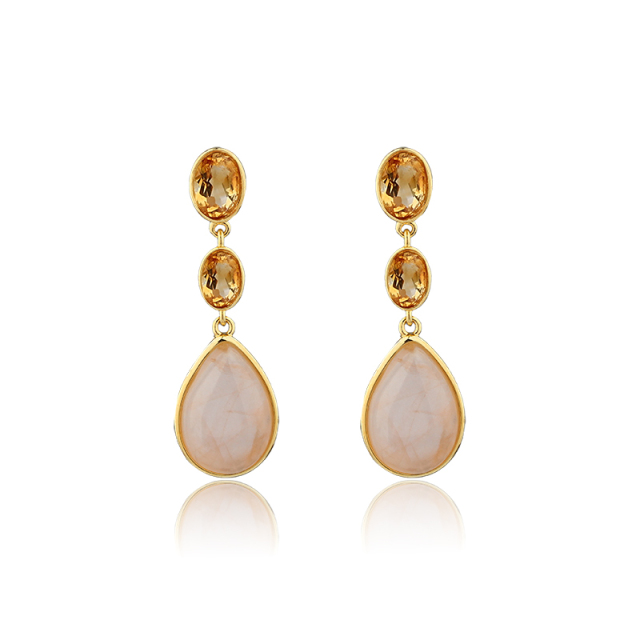 Gold Plated 925 Sterling Silver Drop Earrings Citrine & Rose Quartz