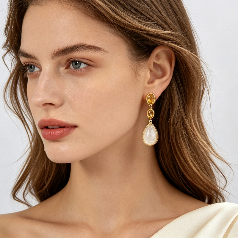 Gold Plated 925 Sterling Silver Drop Earrings Citrine & Rose Quartz