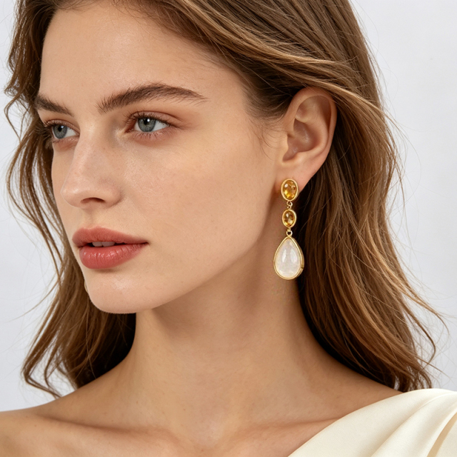 Gold Plated 925 Sterling Silver Drop Earrings Citrine & Rose Quartz