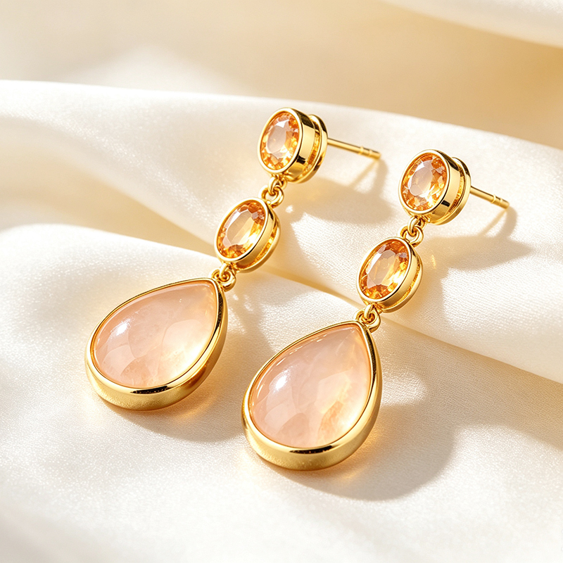 Gold Plated 925 Sterling Silver Drop Earrings Citrine & Rose Quartz