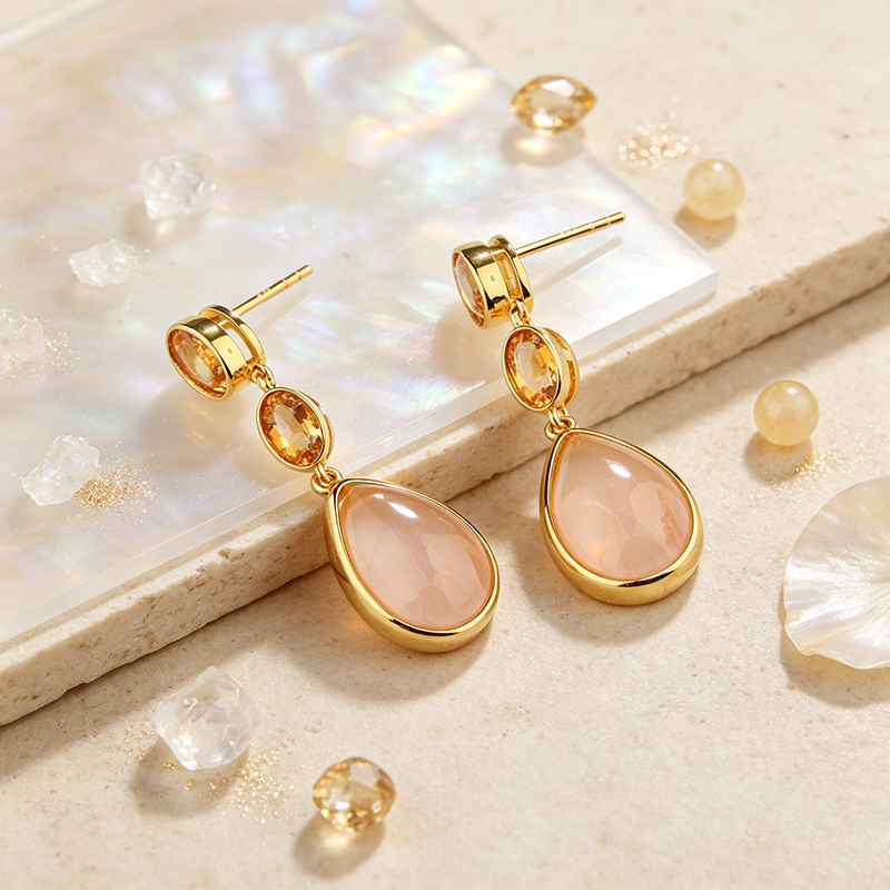 Gold Plated 925 Sterling Silver Drop Earrings Citrine & Rose Quartz