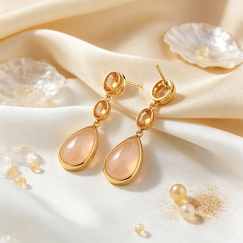 Gold Plated 925 Sterling Silver Drop Earrings Citrine & Rose Quartz