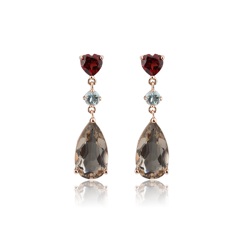 Rose Gold Plated 925 Sterling Silver Drop Earrings Red Garnet Sky Blue Topaz Smoky Quartz