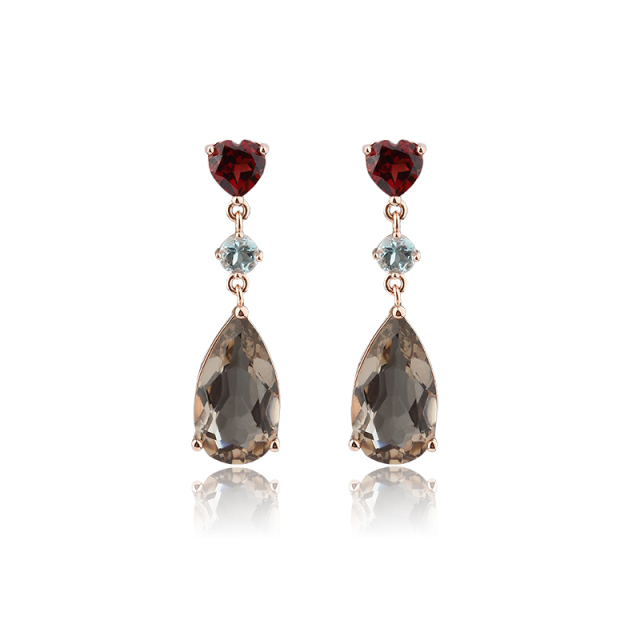 Rose Gold Plated 925 Sterling Silver Drop Earrings Red Garnet Sky Blue Topaz Smoky Quartz