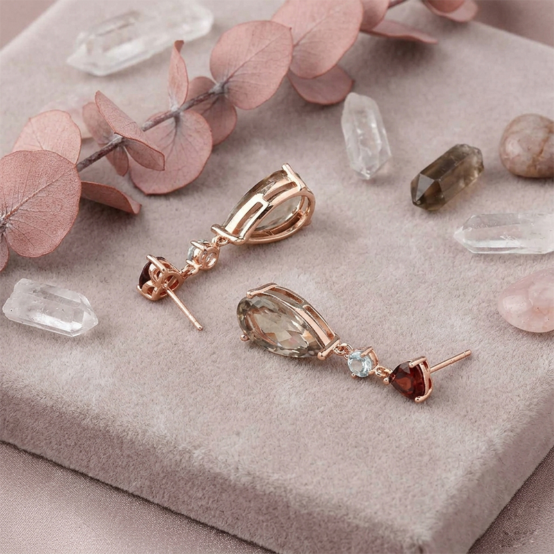 Rose Gold Plated 925 Sterling Silver Drop Earrings Red Garnet Sky Blue Topaz Smoky Quartz