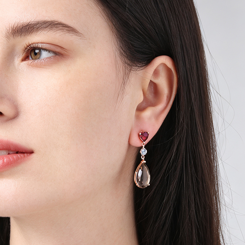 Rose Gold Plated 925 Sterling Silver Drop Earrings Red Garnet Sky Blue Topaz Smoky Quartz