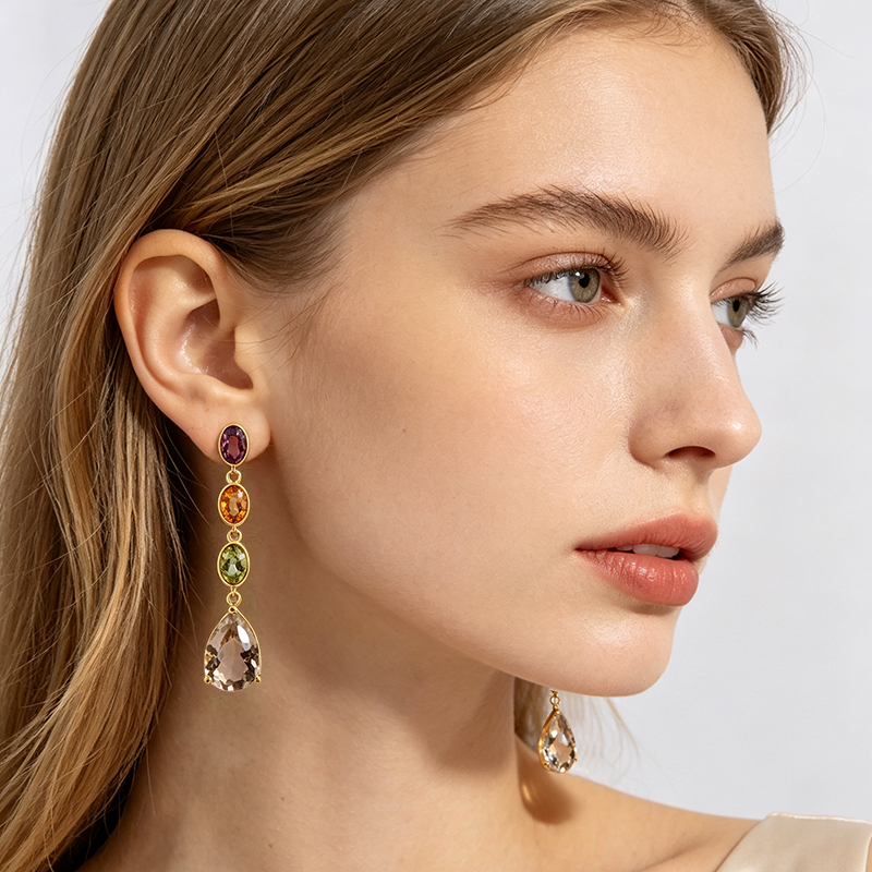 Gold Plated 925 Sterling Silver Drop Earrings Amethyst Citrine Peridot Smoky Quartz