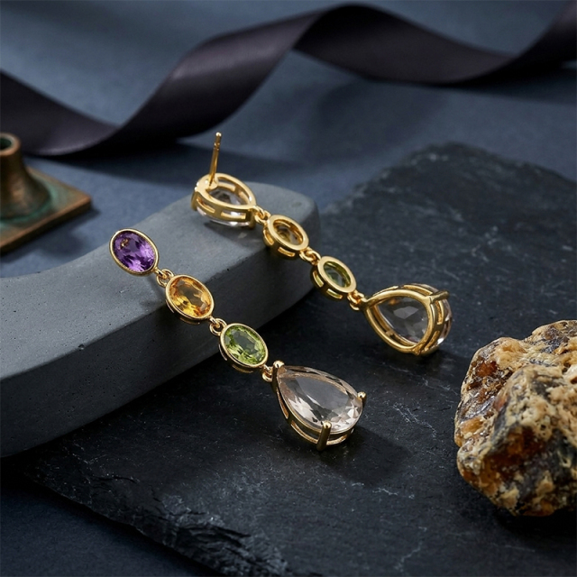 Gold Plated 925 Sterling Silver Drop Earrings Amethyst Citrine Peridot Smoky Quartz