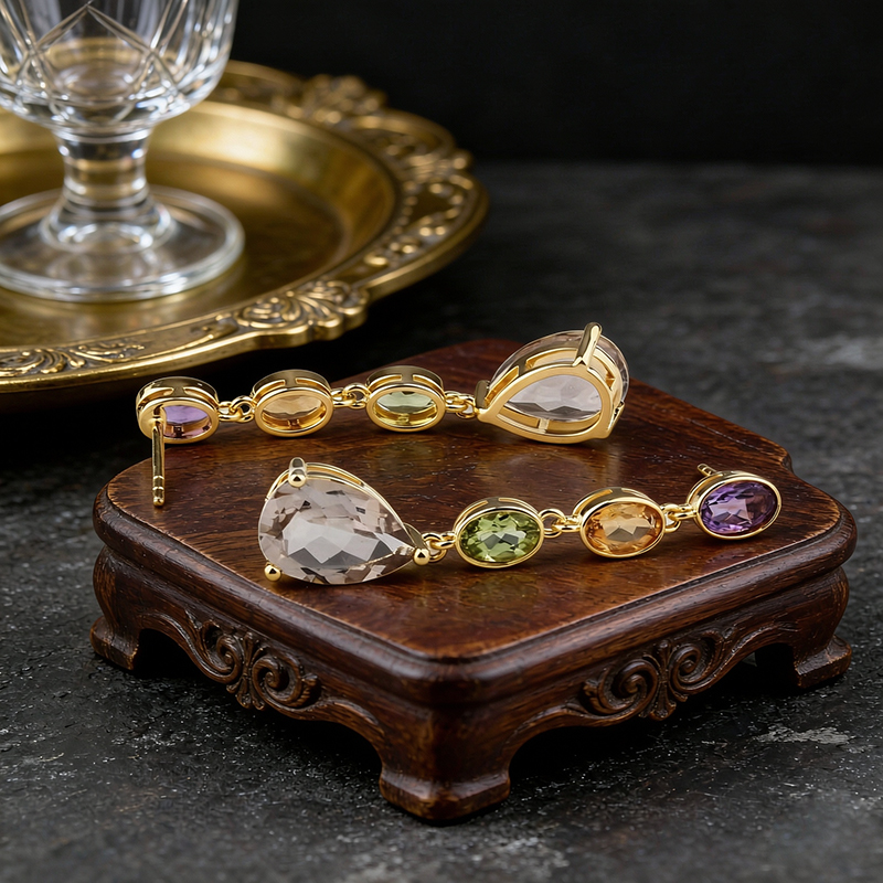 Gold Plated 925 Sterling Silver Drop Earrings Amethyst Citrine Peridot Smoky Quartz