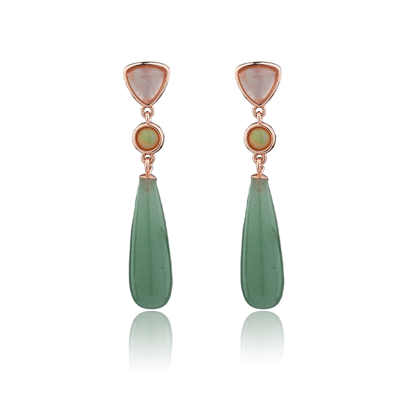 Rose Gold Plated 925 Sterling Silver Drop Earrings Rose Quartz Opal Aventurine