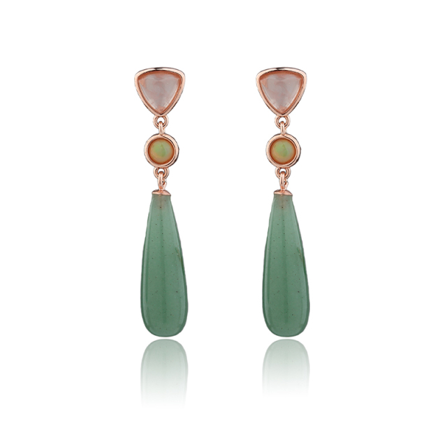 Rose Gold Plated 925 Sterling Silver Drop Earrings Rose Quartz Opal Aventurine