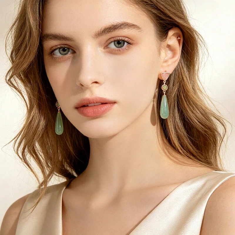Rose Gold Plated 925 Sterling Silver Drop Earrings Rose Quartz Opal Aventurine
