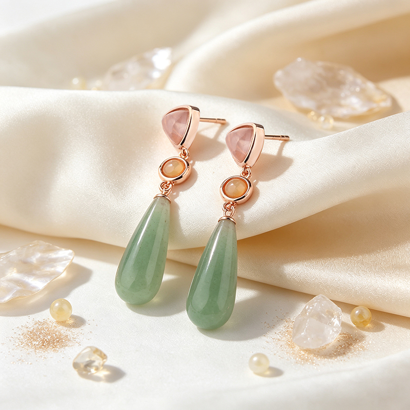 Rose Gold Plated 925 Sterling Silver Drop Earrings Rose Quartz Opal Aventurine