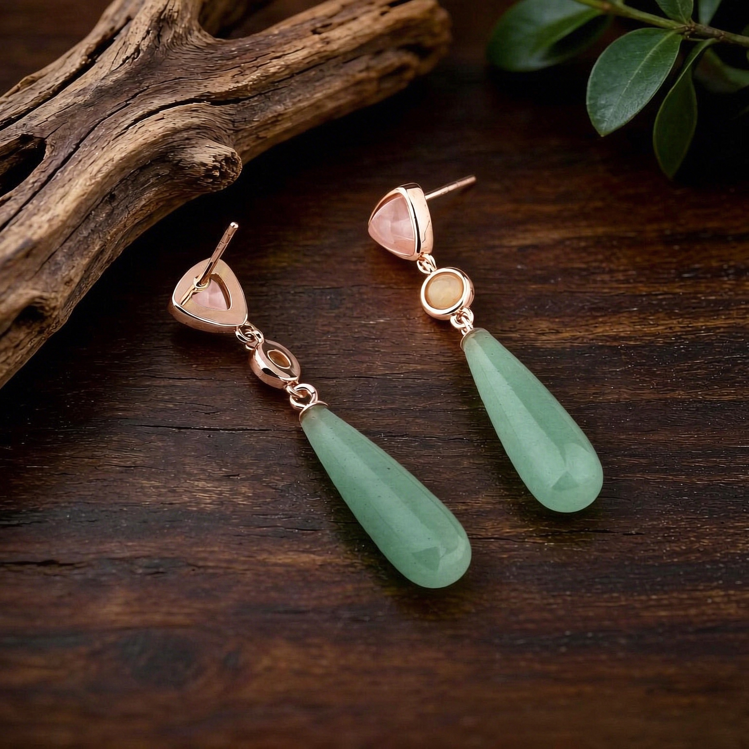 Rose Gold Plated 925 Sterling Silver Drop Earrings Rose Quartz Opal Aventurine