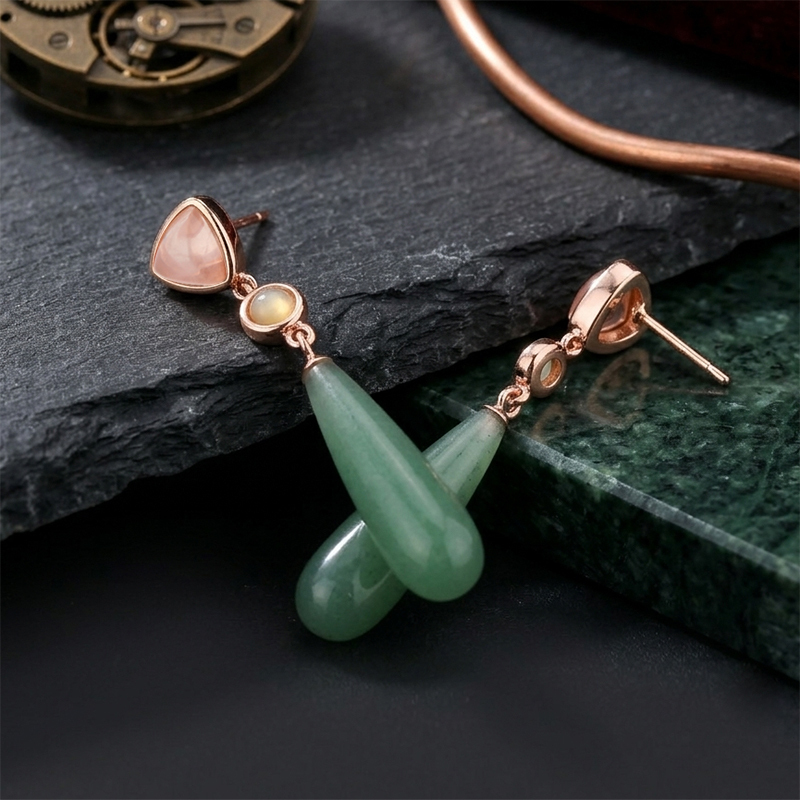Rose Gold Plated 925 Sterling Silver Drop Earrings Rose Quartz Opal Aventurine