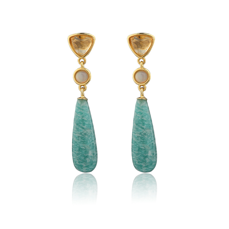 Gold Plated 925 Sterling Silver Drop Earrings Citrine Opal Amazonite