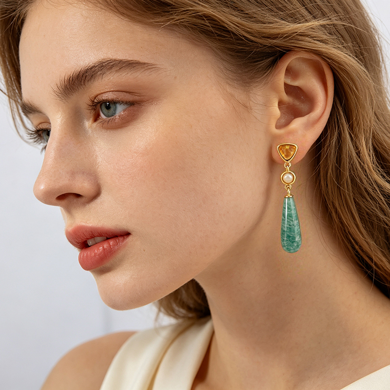Gold Plated 925 Sterling Silver Drop Earrings Citrine Opal Amazonite