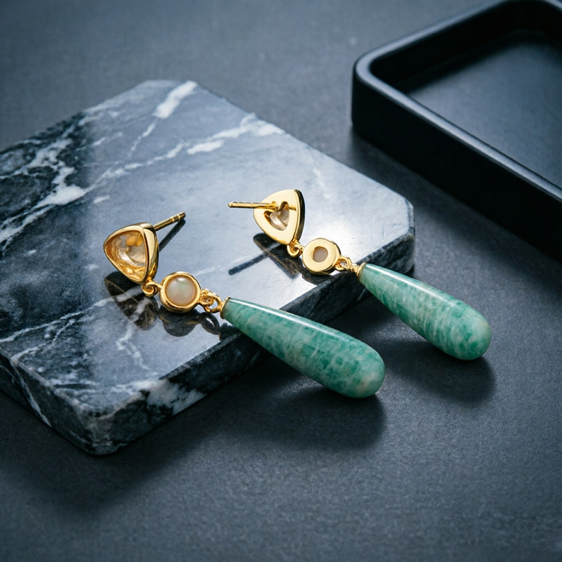 Gold Plated 925 Sterling Silver Drop Earrings Citrine Opal Amazonite