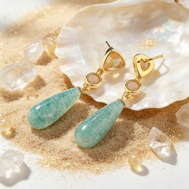 Gold Plated 925 Sterling Silver Drop Earrings Citrine Opal Amazonite