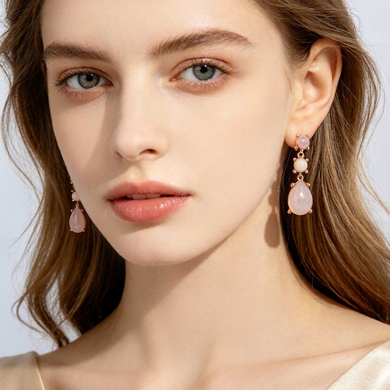 Rose Gold Plated 925 Sterling Silver Drop Earrings Opal & Rose Quartz