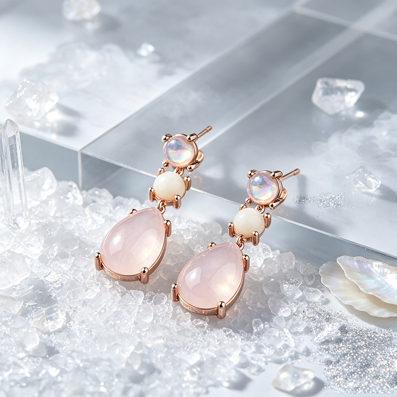 Rose Gold Plated 925 Sterling Silver Drop Earrings Opal & Rose Quartz