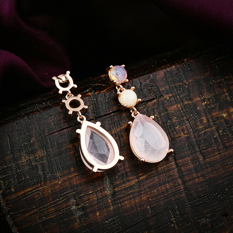 Rose Gold Plated 925 Sterling Silver Drop Earrings Opal & Rose Quartz