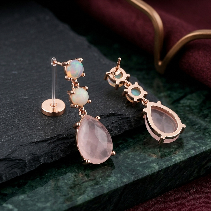 Rose Gold Plated 925 Sterling Silver Drop Earrings Opal & Rose Quartz