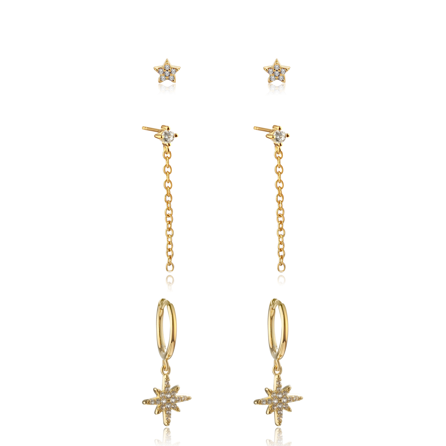 925 Sterling Silver Star Stud, Chain Drop Stud and North‑Star Huggie Stack Earrings, 3‑pair
