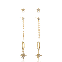 925 Sterling Silver Star Stud, Chain Drop Stud and North‑Star Huggie Stack Earrings, 3‑pair