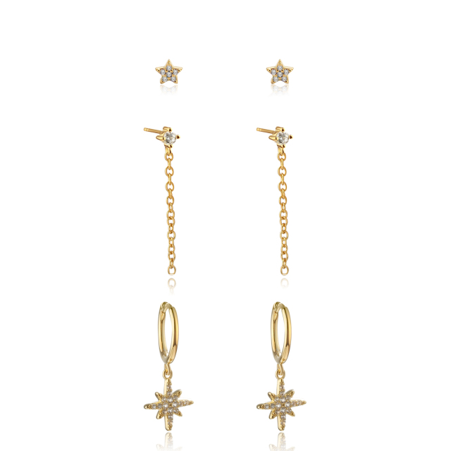 925 Sterling Silver Star Stud, Chain Drop Stud and North‑Star Huggie Stack Earrings, 3‑pair