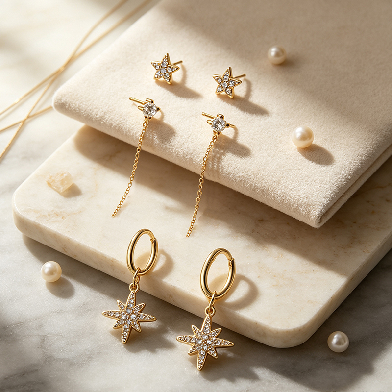 925 Sterling Silver Star Stud, Chain Drop Stud and North‑Star Huggie Stack Earrings, 3‑pair
