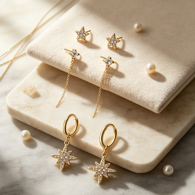 925 Sterling Silver Star Stud, Chain Drop Stud and North‑Star Huggie Stack Earrings, 3‑pair