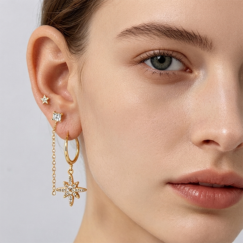 925 Sterling Silver Star Stud, Chain Drop Stud and North‑Star Huggie Stack Earrings, 3‑pair