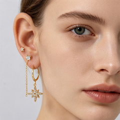 925 Sterling Silver Star Stud, Chain Drop Stud and North‑Star Huggie Stack Earrings, 3‑pair
