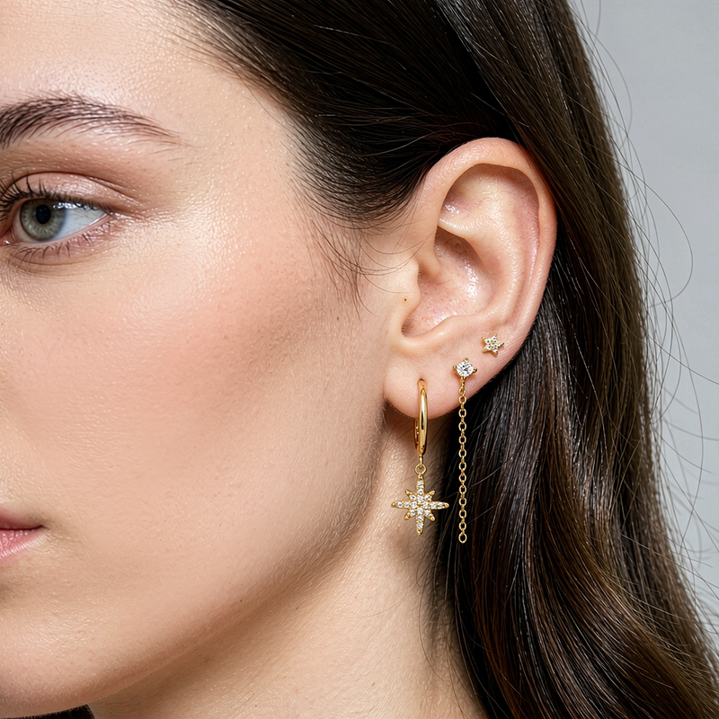 925 Sterling Silver Star Stud, Chain Drop Stud and North‑Star Huggie Stack Earrings, 3‑pair