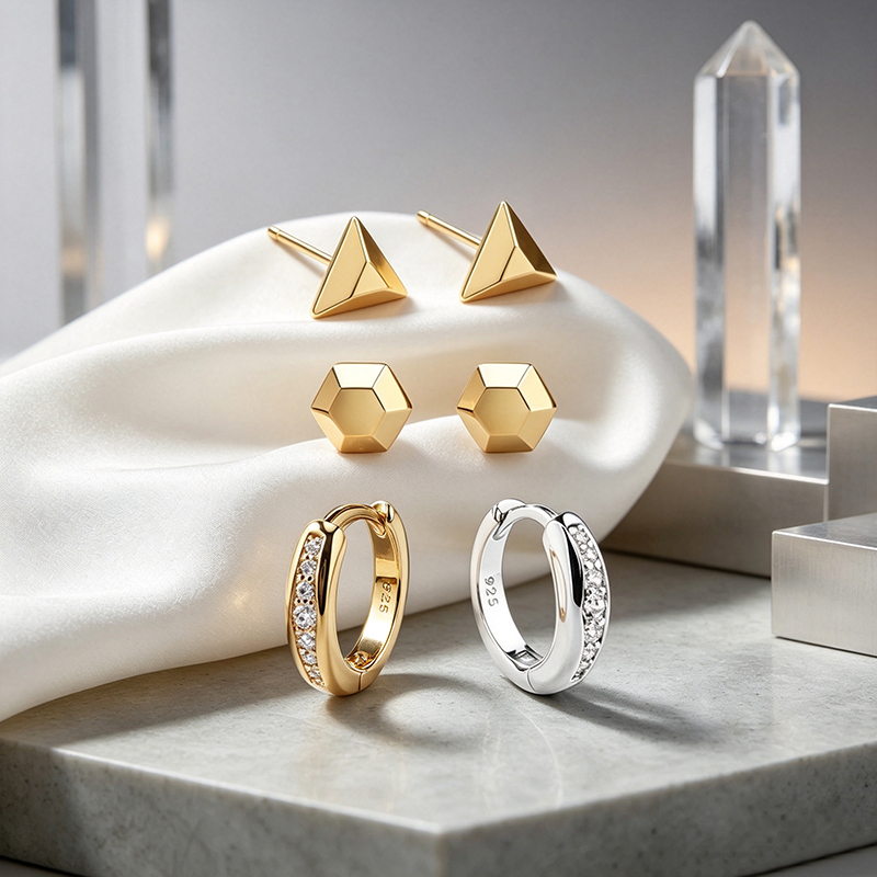 925 Sterling Silver Geometric Stud and CZ Huggie Stack Earrings, 3‑pair