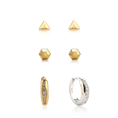 925 Sterling Silver Geometric Stud and CZ Huggie Stack Earrings, 3‑pair