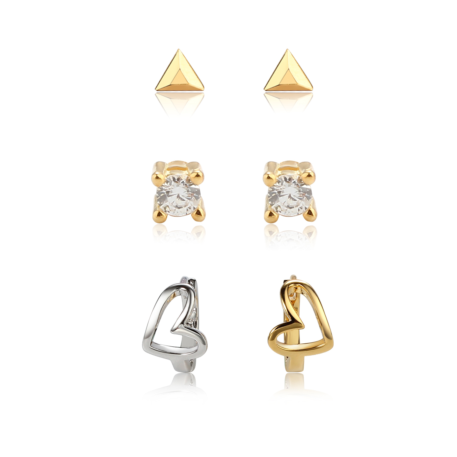 925 Sterling Silver Triangle Stud, Prong‑set CZ Stud and Hollow‑Heart Huggie Stack Earrings, 3‑pair